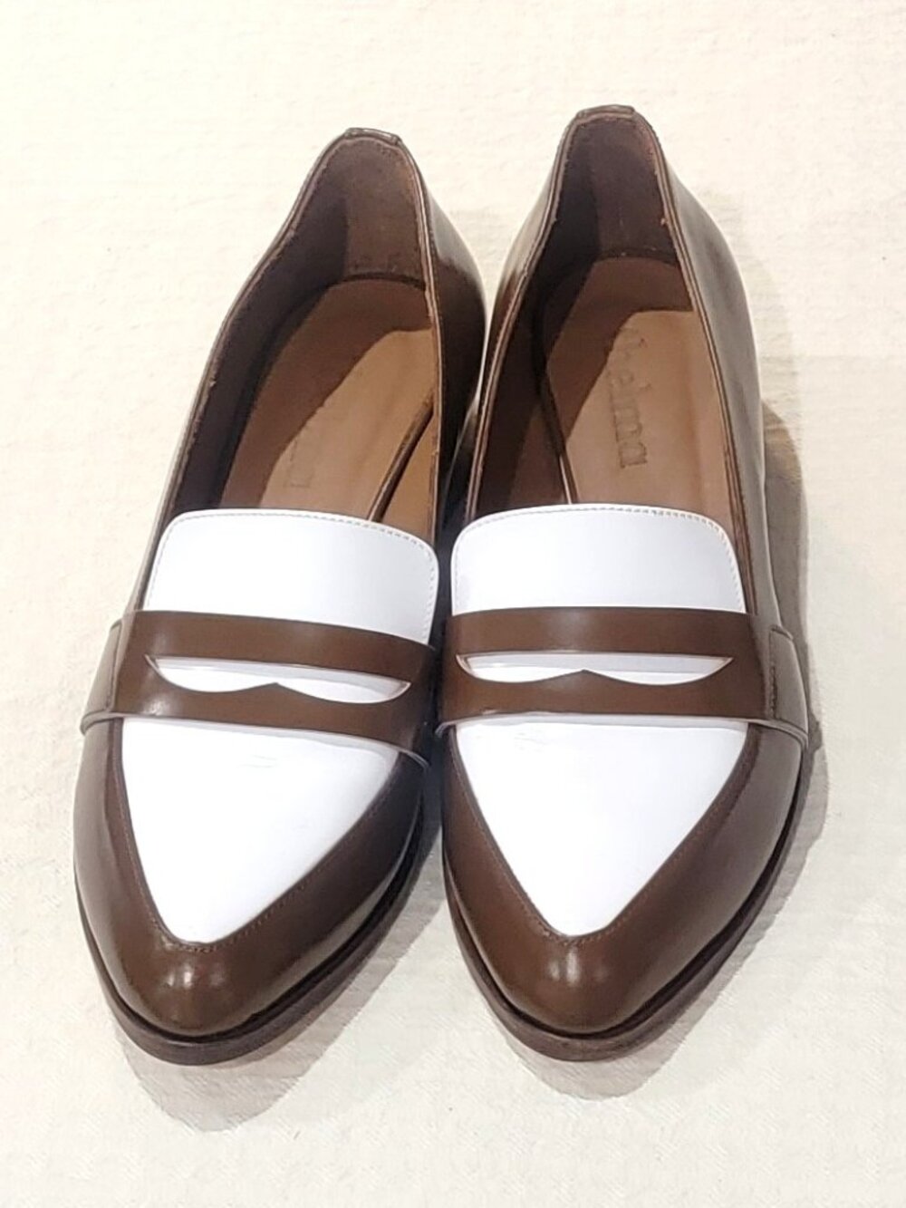 THELMA Brown and Cream Saddle Leather Penny Loafers